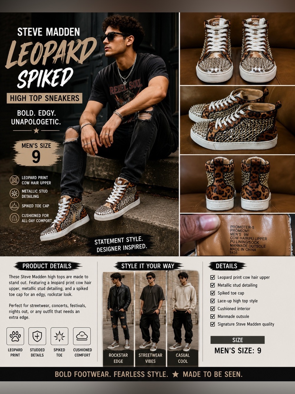 Steve Madden Rockstud Leopard Print Sneakers Men’s 9